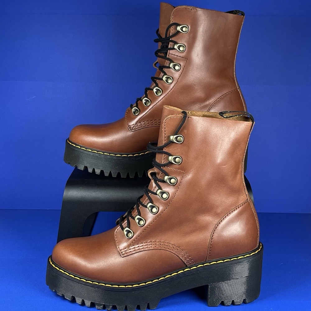 Dr. Martens Leona Heeled Tan Saddle Leather Womens Size 10 42 Lace Up Ankle Boot